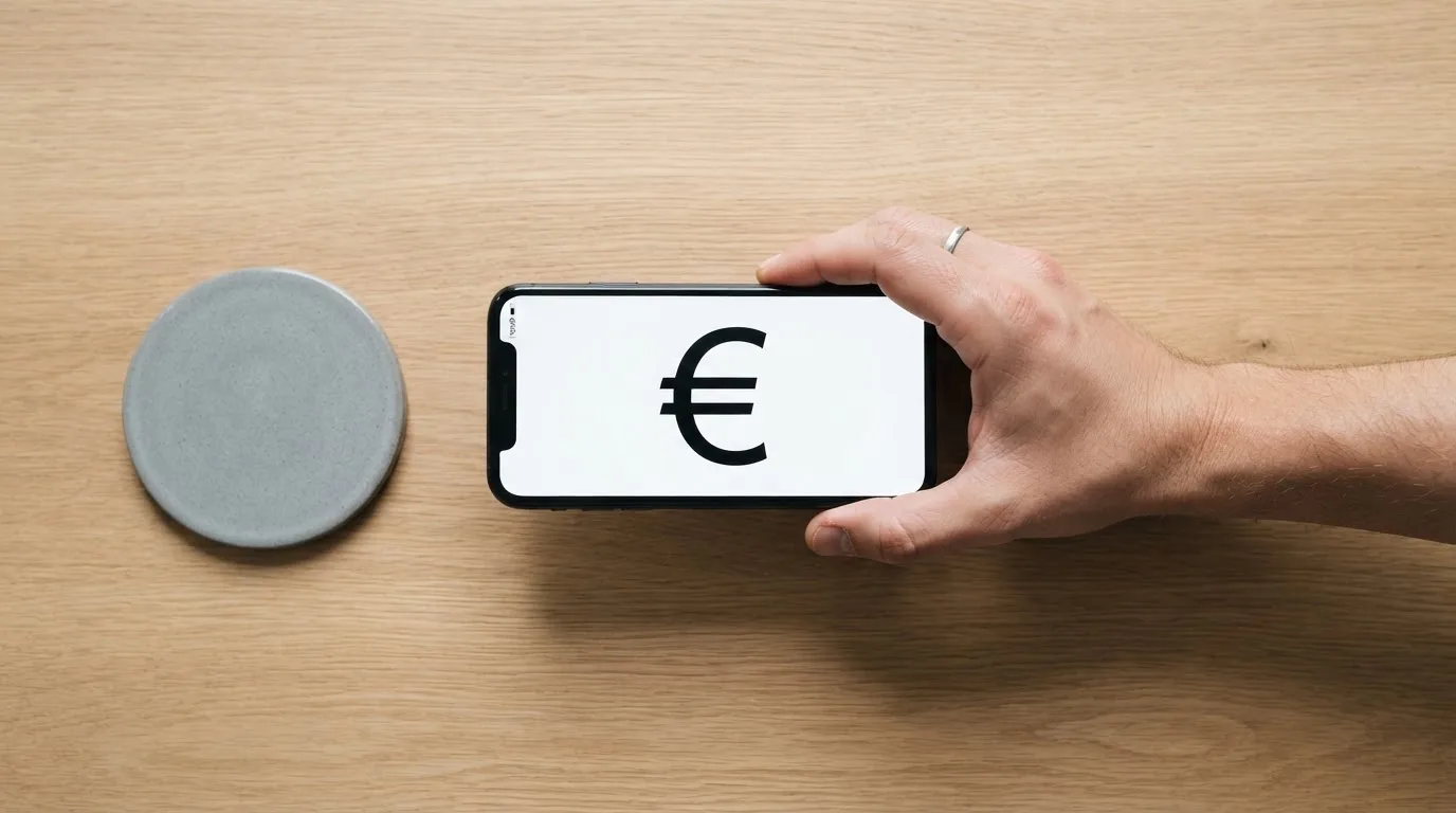 Close-up van een hand die een smartphone vasthoudt boven een houten tafel.