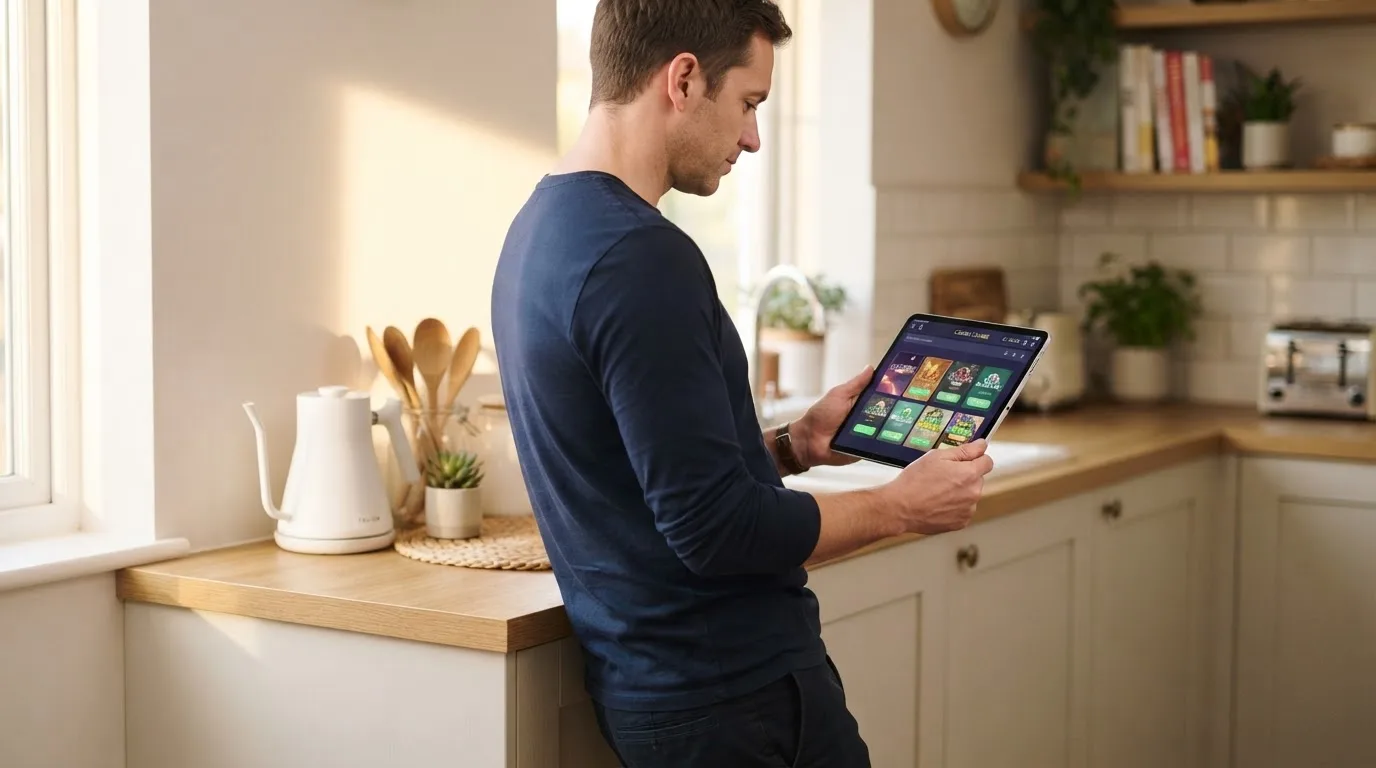 Een man leunt ontspannen tegen het aanrecht met een tablet in zijn handen in een lichte keuken.