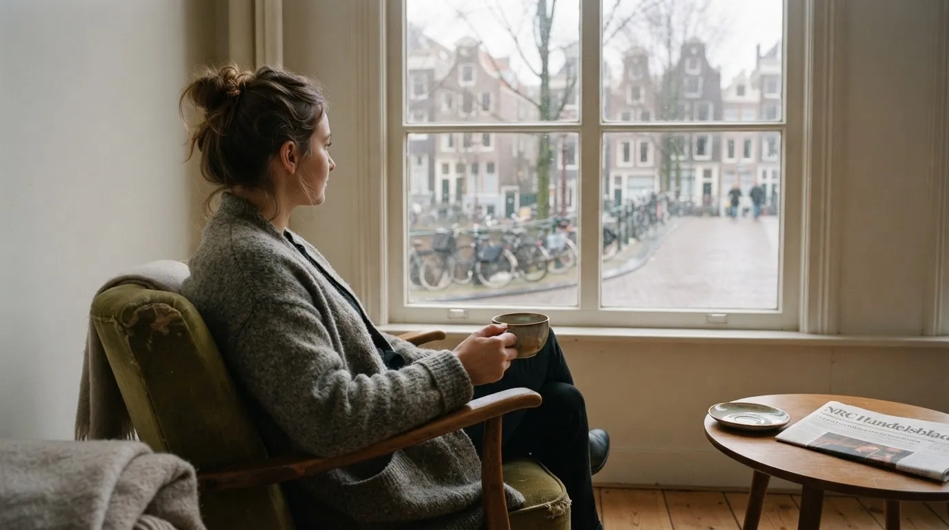 Een persoon kijkt nadenkend uit het raam met een kopje thee in de hand.
