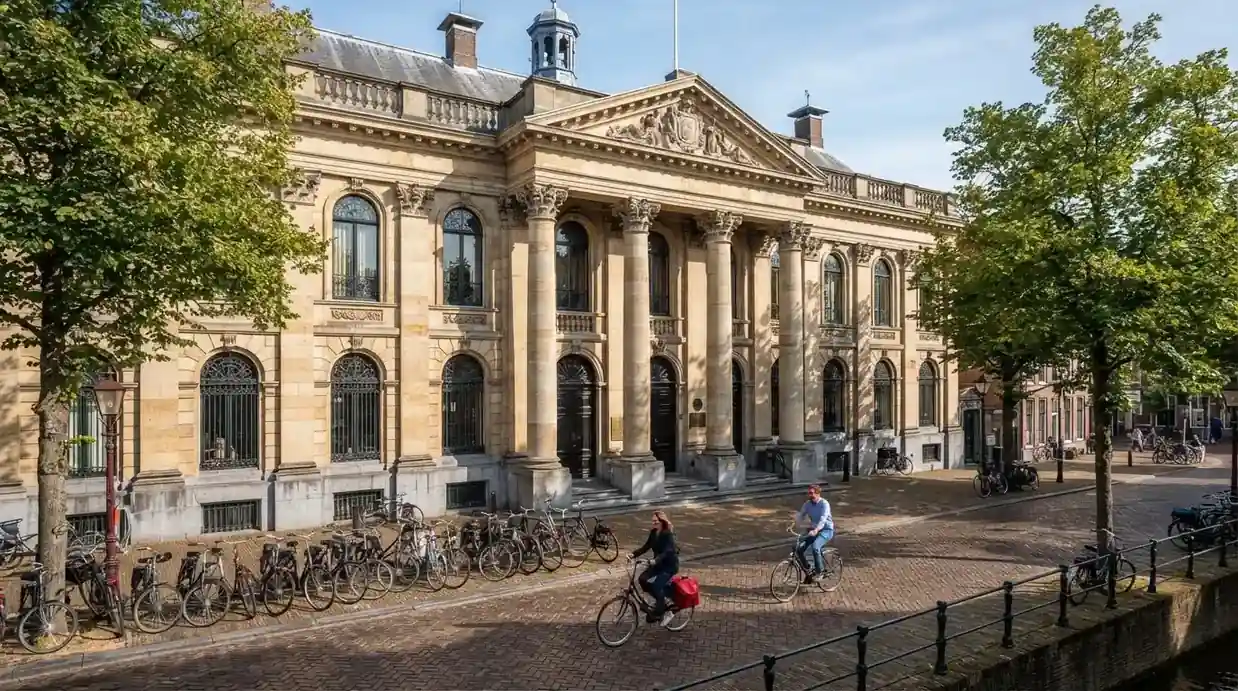 Gevel van een statig overheidsgebouw in een Nederlandse stad met fietsers op straat.